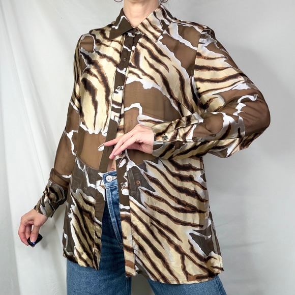 Sharon Young Tiger Zebra Silk Sheer Button Down Blouse Animal Print Brown M - Picture 12 of 14